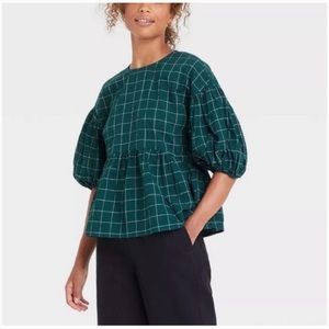 Dark Green Plaid Peplum BOHO TOP - size L